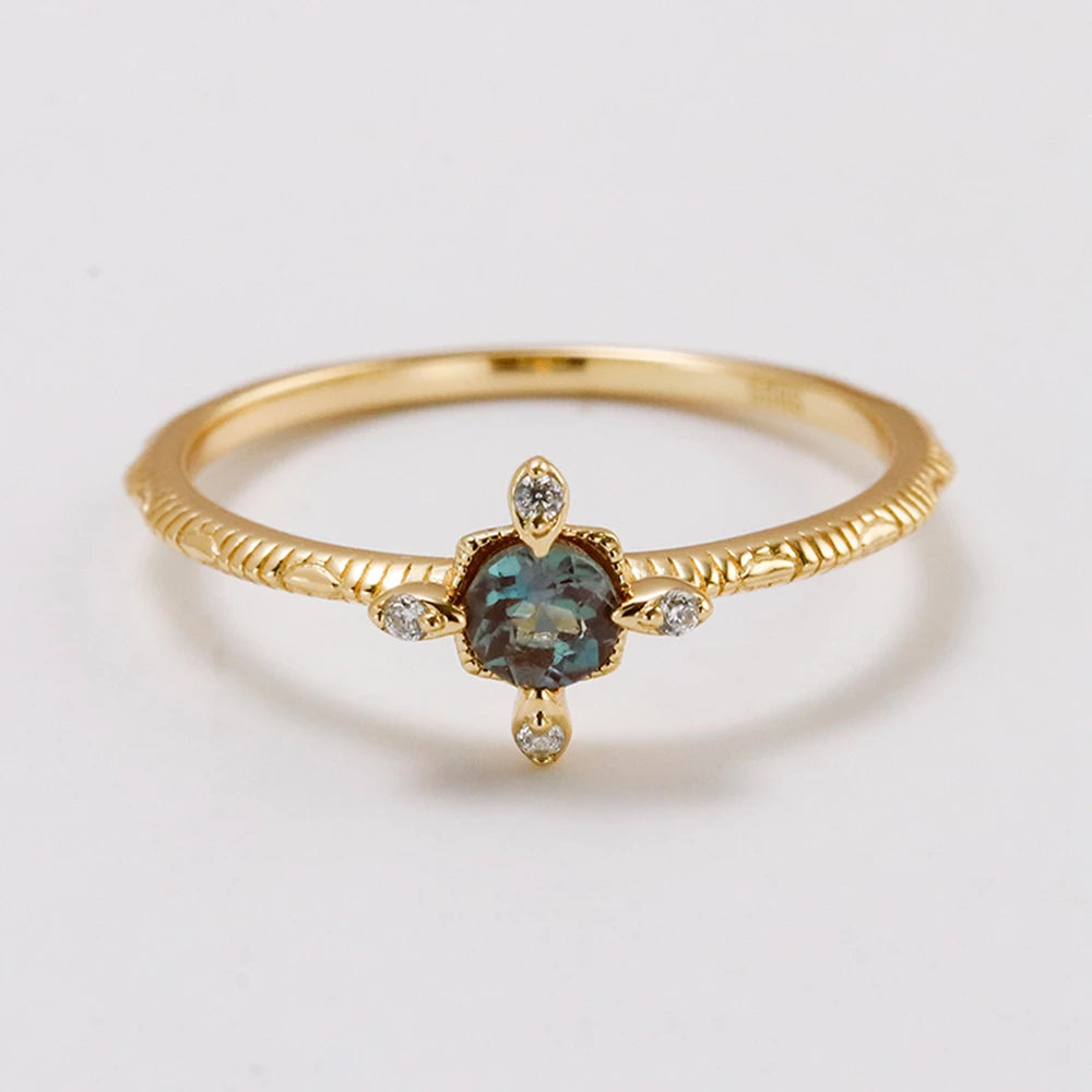 Emotional Factory 925 Sterling Silver 14K Gold Plated Gemstone Retro Cz Zircon Star Flower Alexandrite Ring