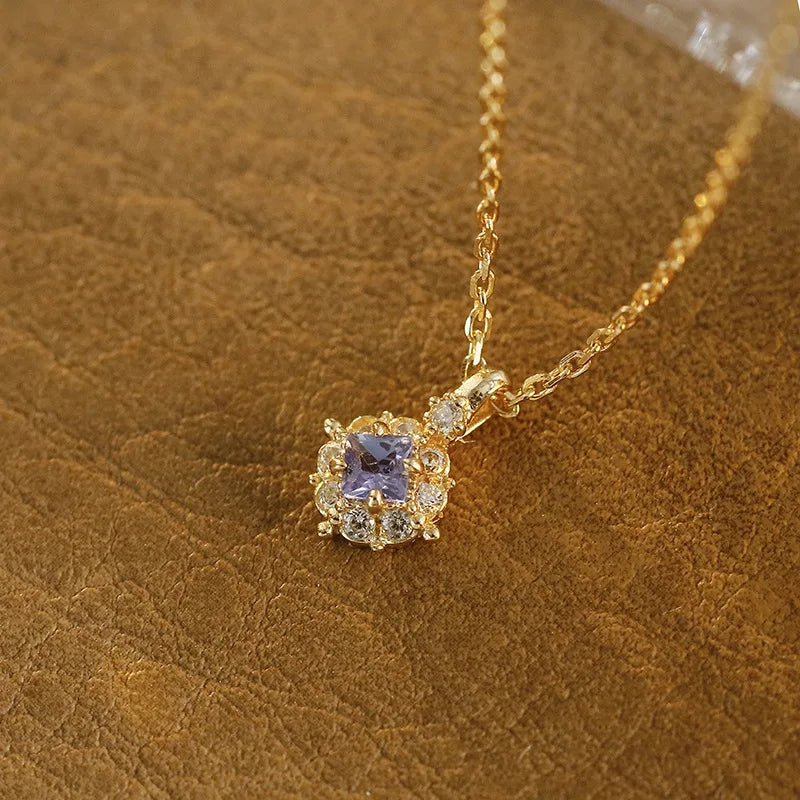 Emotional Factory 925 Sterling Silver 14K Gold Plated Gemstone Geometric Square Purple Tanzanite Necklace