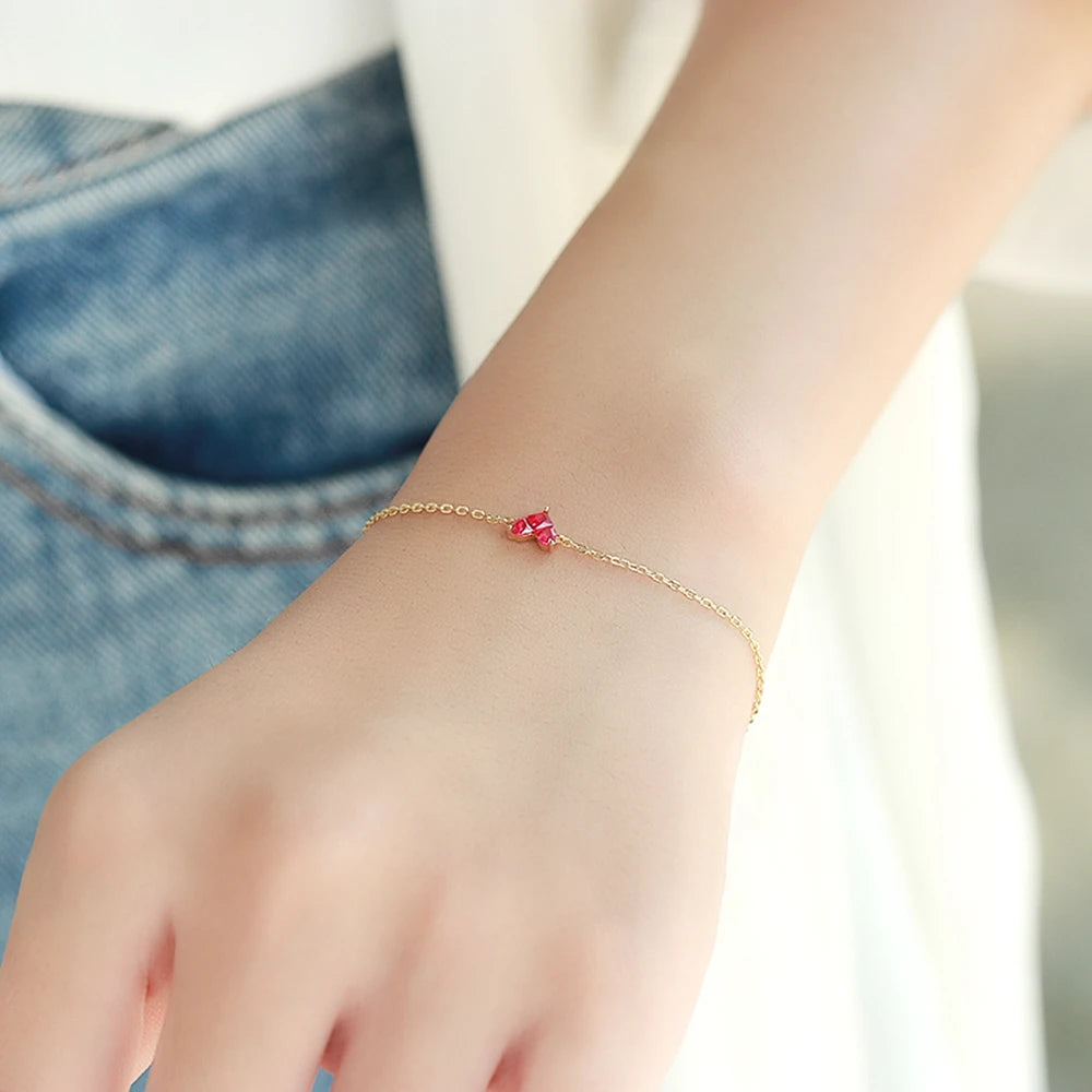 Emotional Factory 925 Sterling Silver 14K Gold Plated Gemstone Series Red Corundum Zircon Peach Heart Bracelet