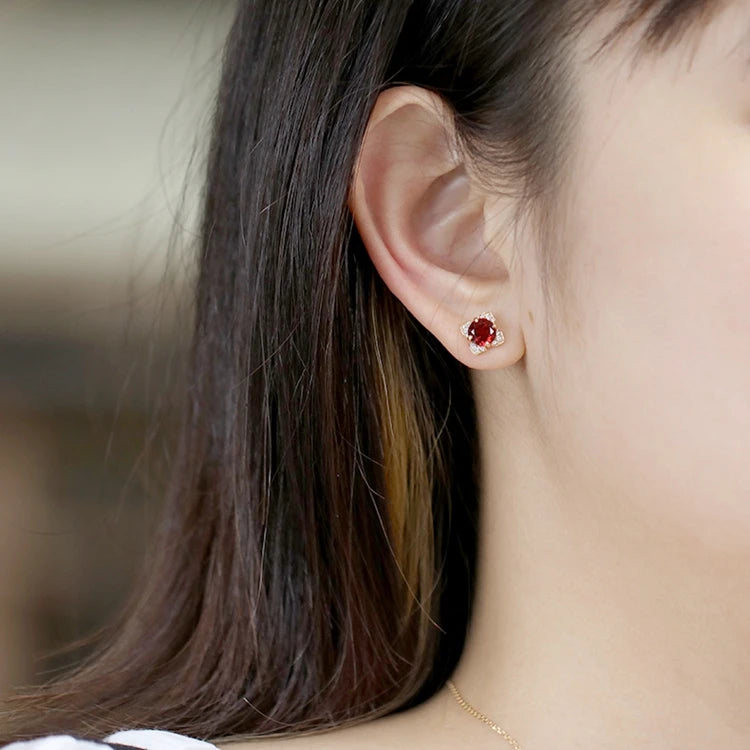 Emotional Factory 925 Sterling Silver 14K Gold Plated Gemstone Red Garnet Petal Shaped Cz Earrings