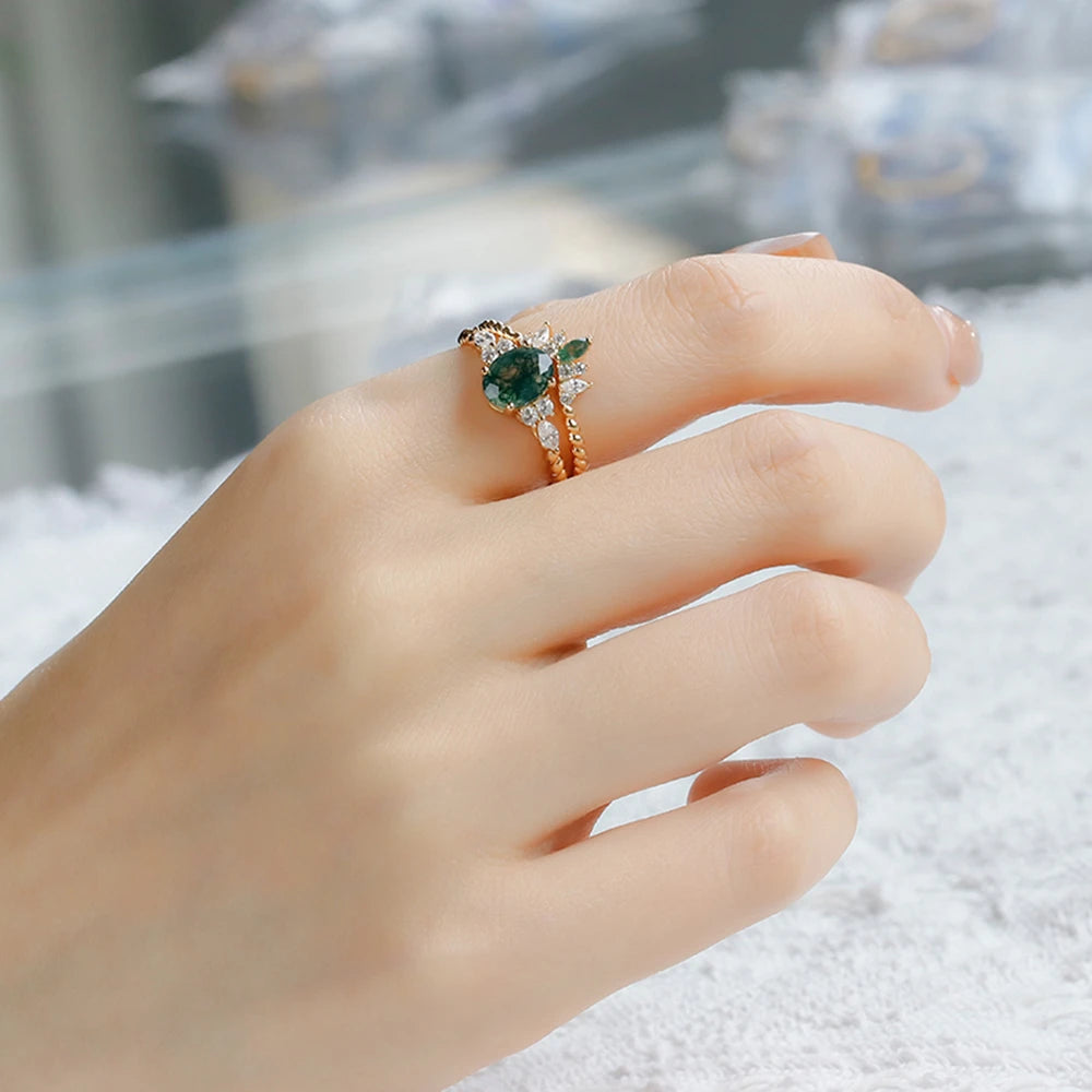 925 Sterling Silver 14K Gold Plated Gemstone Twist Cz Zircon Aqua Agate Two-Piece Gem Stone Ring Set