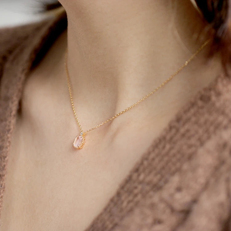 Emotional Factory 925 Sterling Silver 14K Gold Plated Gemstone 8Mm Stone Rectangle Pink Crystal Necklace