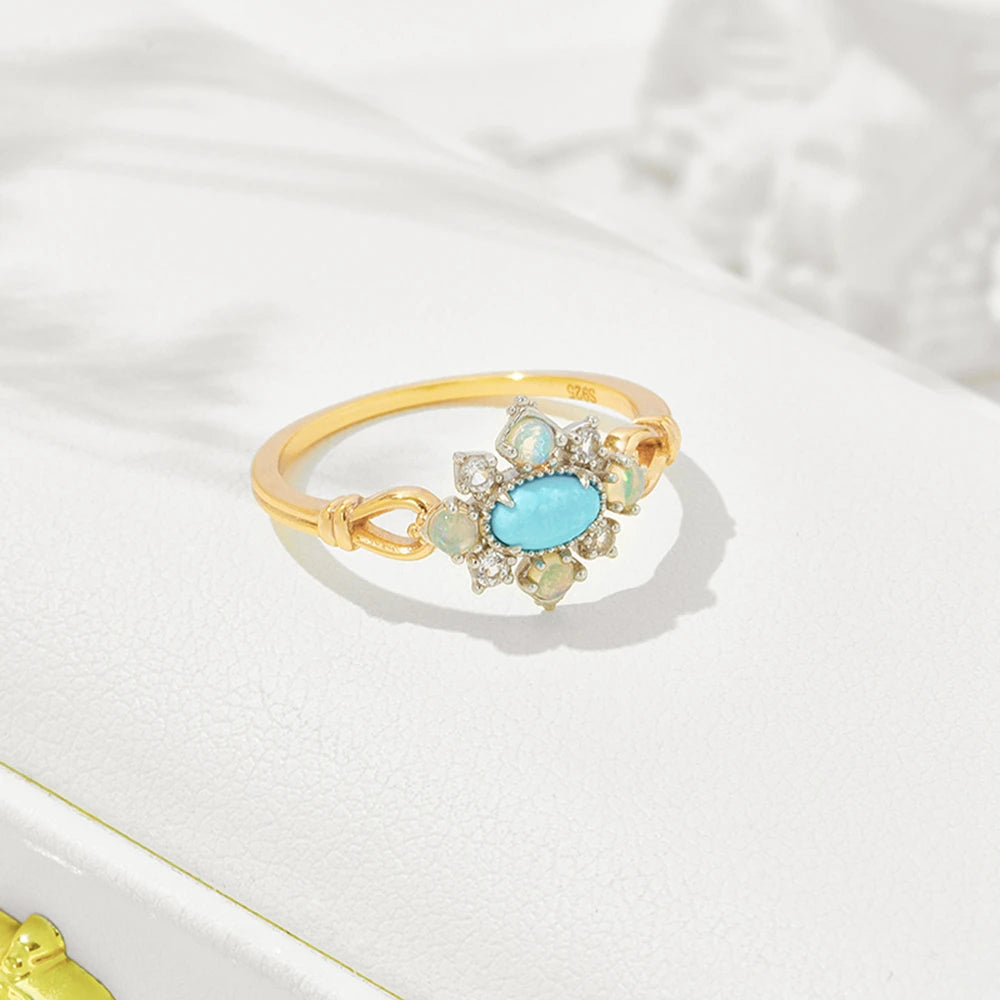 Gem Vintage Anemone Rhombus Natural Turquoise Opal Topaz Ring