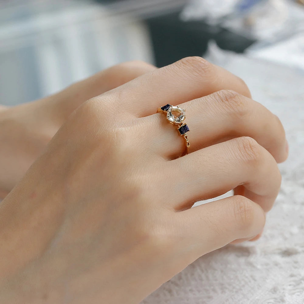 Emotional 925 Sterling Silver 14K Gold Plated Gem Stone Gemstone Geometric Square Round Blue Sandstone White Rock Crystal Ring