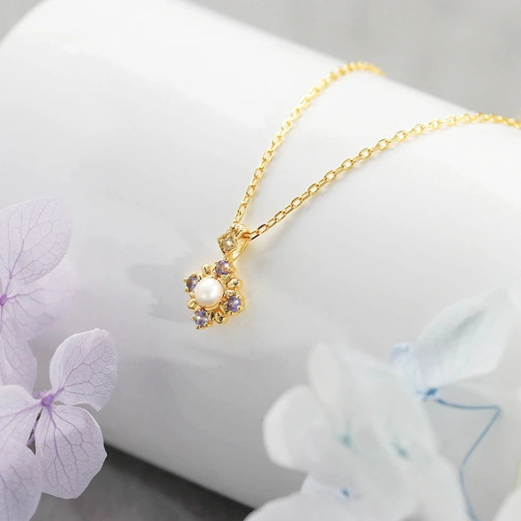 Emotional Factory 925 Sterling Silver 14K Gold Plated Gemstones Flower Rainbow Pearl Tanzanite Stone Necklace