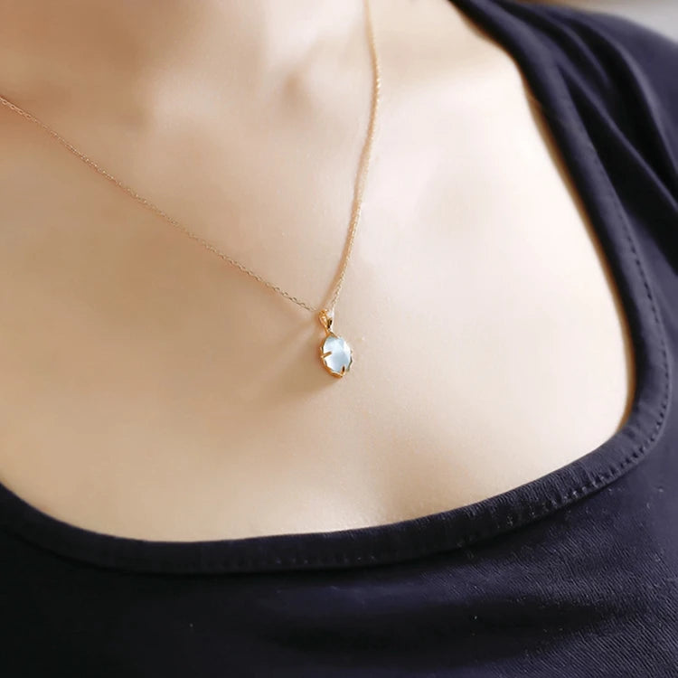 Factory 925 Sterling Silver 14K Gold Plated Gem Stone Gemstone Retro  Cz Zircon Round White Shell Sky Blue Glass Necklace