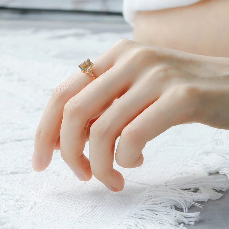 Emotional Factory 925 Sterling Silver 14K Gold Plated Gemstone Geometric Square 7*7 Stone Green Amethyst Ring