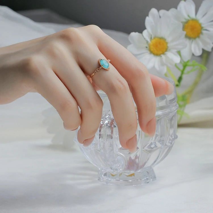 925 Sterling Silver 14K Gold Plated Gemstone Synthetic Turquoise Oval Natural Rock Crystal Ring