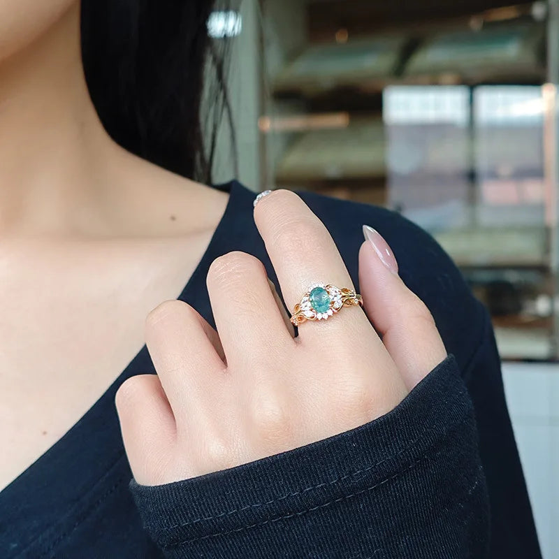 Emotional Factory 925 Sterling Silver 14K Gold Plated Gemstone Cz Zircon Natural Stone Moss Agate Ring