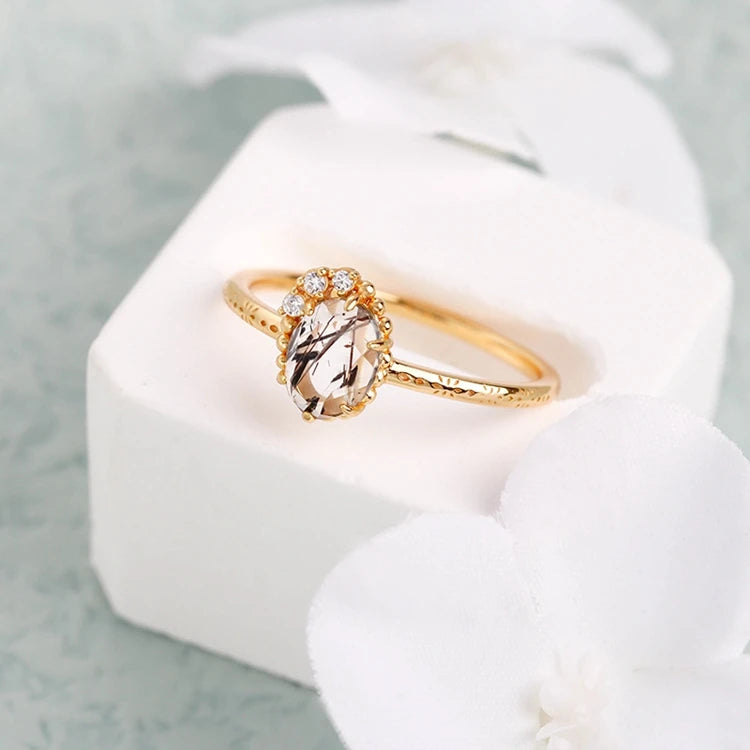 Emotional Factory 925 Sterling Silver 14K Gold Plated Gemstones Landscape Zircon Natural Black Hair Crystal Ring