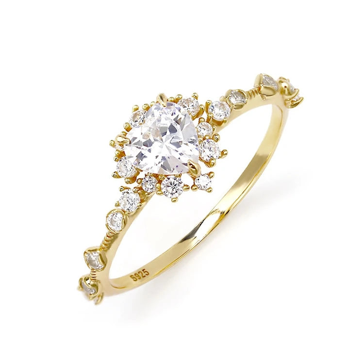 925 Sterling Silver 14K Gold Plated Gemstone Romantic Heart Shape Moissanite Engagement Proposal Ring