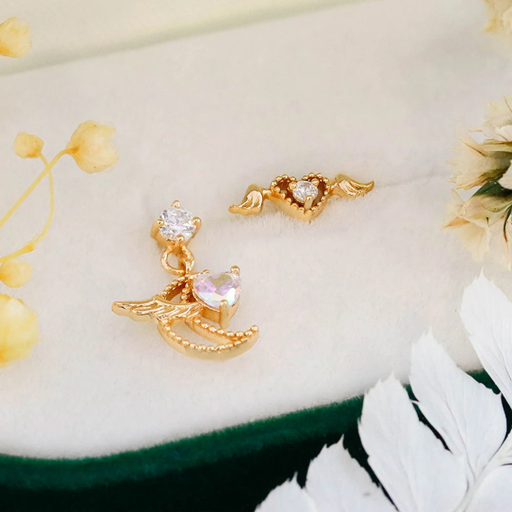 Emotional 925 Sterling Silver 14K Gold Plated Gem Stone Gemstone Flying Design Ring Moon Heart  Wings Quartz Stud Earrings