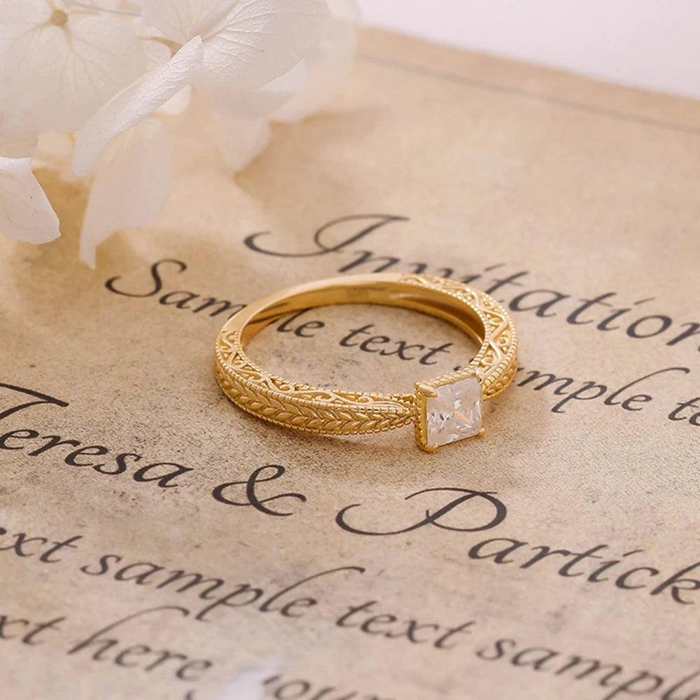 Emotional Factory 925 Sterling Silver 14K Gold Plated Gem Stone Gemstone Retro Style Geometric Square Moissanite Zircon Ring