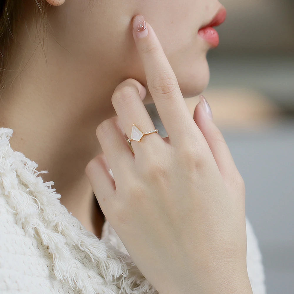 Emotional Custom Factory 925 Sterling Silver 14K Gold Plated  Gem Gemstone Zircon Diamond Shaped Moonstone Ring