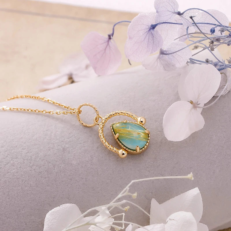 French Retro Style Double-sided Reversible S925 Silver Plated 14K Gold Necklace Pendant Turquoise + Blonde Crystal Drop-shaped d