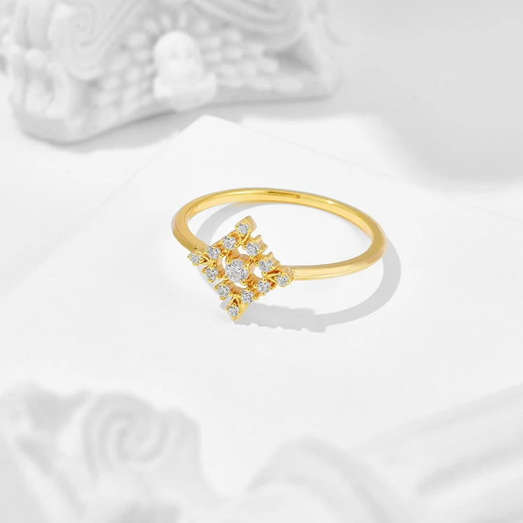 Emotional Factory 925 Sterling Silver 14K Gold Plated Gemstone Zircon Hollow Artistic Retro Diamond Shaped Ring