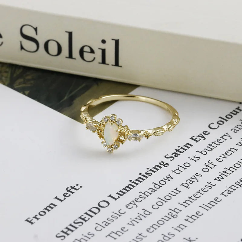 Emotional Factory 925 Sterling Silver 14K Gold Plated Gemstone Retro Cz Zircon Flower Aventurine Natural Australia Opal Ring