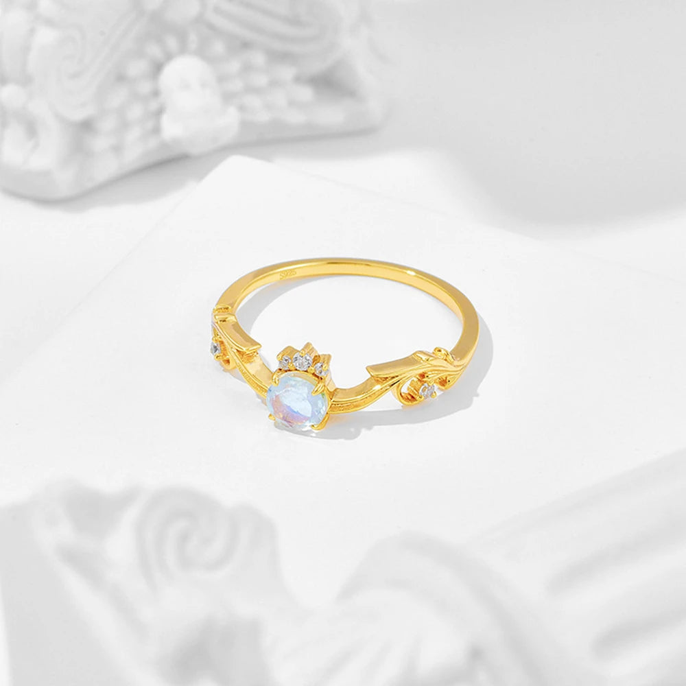 Emotional Factory 925 Sterling Silver 14K Gold Plated Gem Stone Gemstone Flying Crown Design Moonstone Ring
