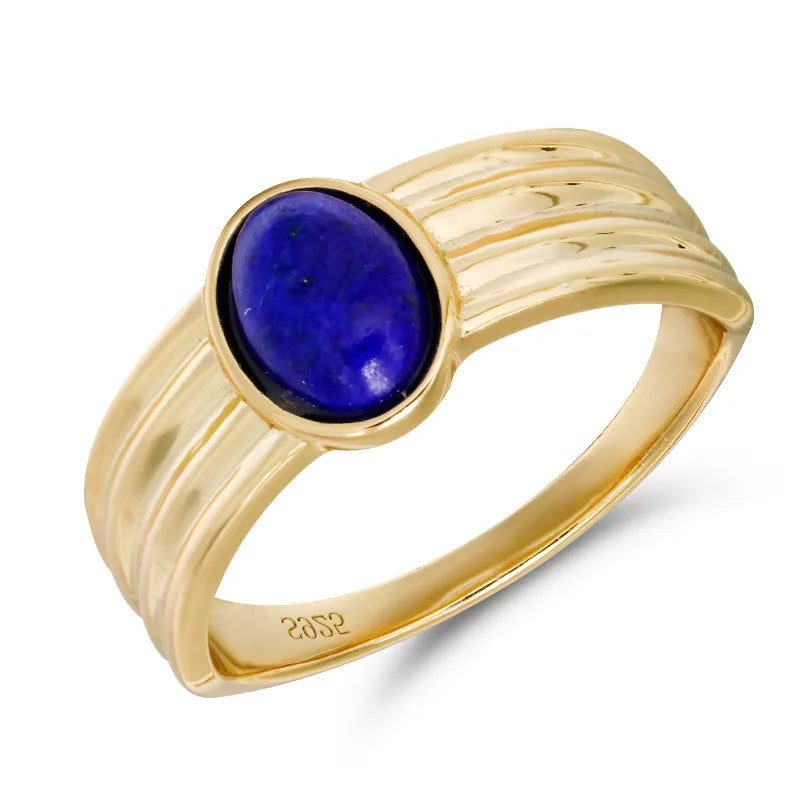 Emotional Factory 925 Sterling Silver 14K Gold Plated Gemstone Literary Retro Thickness Rings Lapis Lazuli Ring