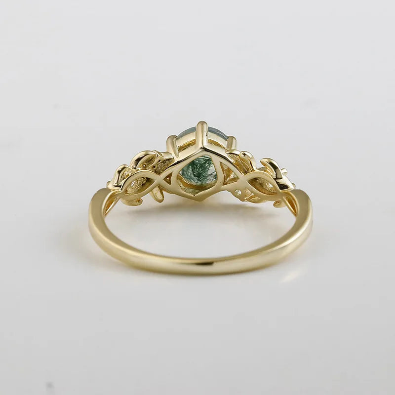 Emotional Factory 925 Sterling Silver 14K Gold Plated Gemstone Retro Cz Zircon Star Moss Agate Ring