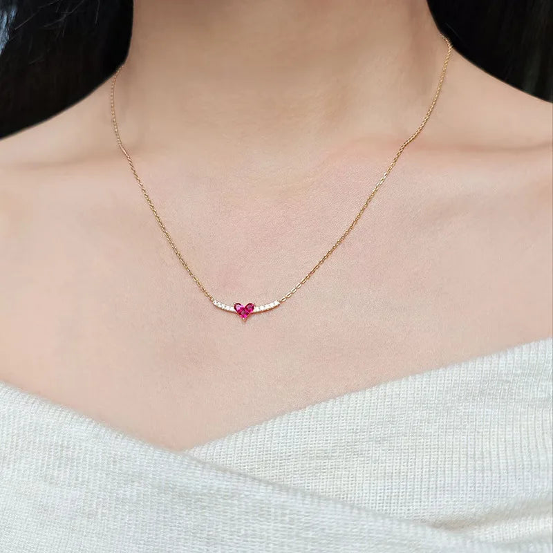 Emotional Factory 925 Sterling Silver 14K Gold Plated Heart Red Gemstone Handmade Borderless Inlay Zircon Necklace