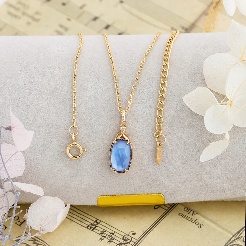 Emotional 925 Sterling Silver 14K Gold Plated Gem Stone Marine Style Bilayer Stone Blue Quartz Glass White Shell Necklace
