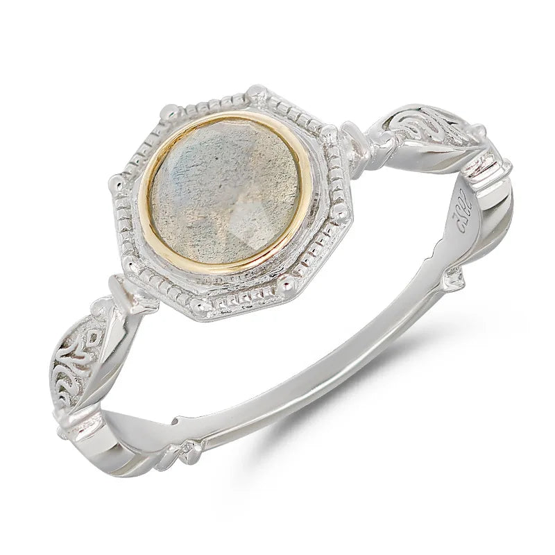 Emotional Bijoux Factory 925 Sterling Silver 14K Gold Plated Gemstone Retro Fashion Geometric Circle Labradorite Ring
