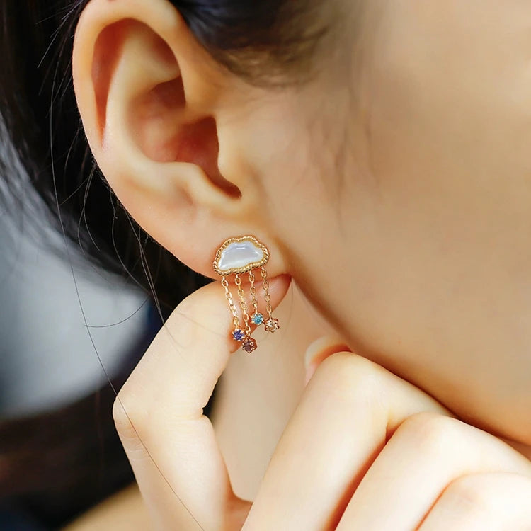 925 Sterling Silver 14K Gold Plated Gemstones Colorful Zirconia Tassel Stereoscopic Clouds White Butterfly Shell Earrings
