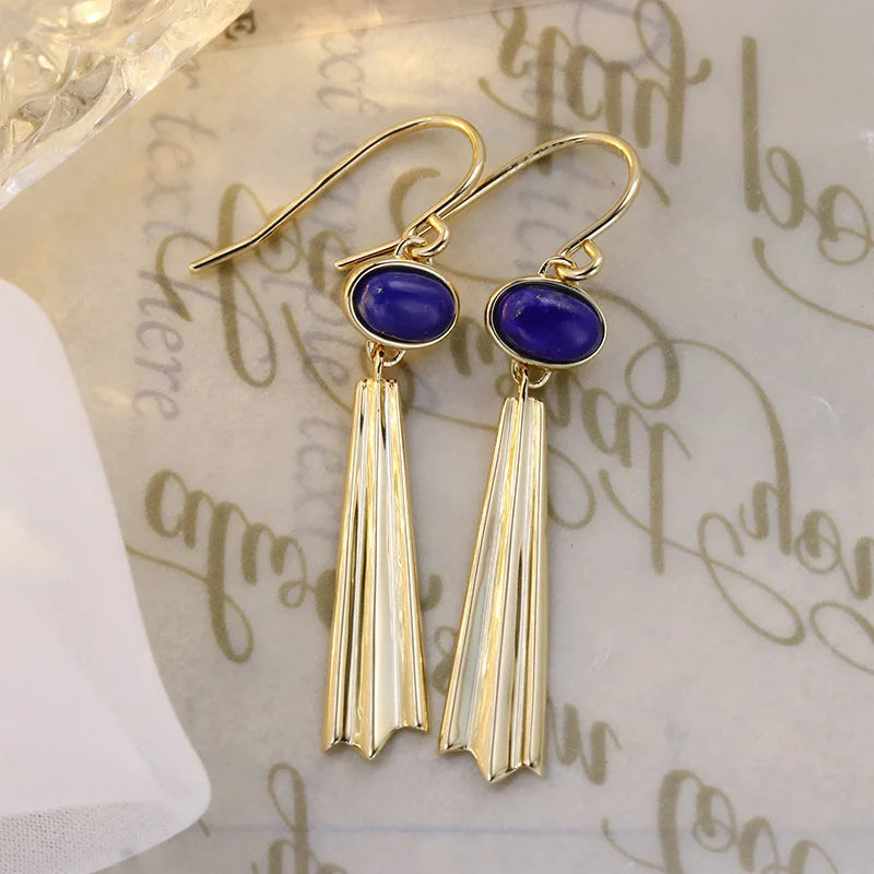 Emotional Factory 925 Sterling Silver 14K Gold Plated Gemstone Literary Retro Thickness Lapis Lazuli Earrings