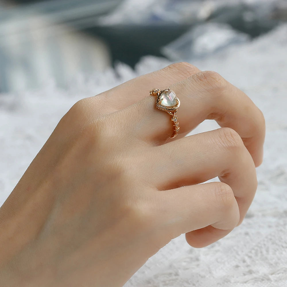 925 Sterling Silver 14K Gold Plated Gemstone Retro  Cz Zircon Colored Shell White Crystal Rock Crystal Heart Ring