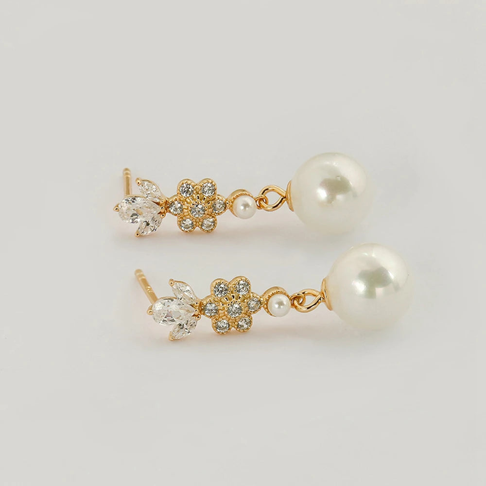Emotional Factory 925 Sterling Silver 14K Gold Plated Gem Stone Gemstone Cz Zircon Flower Pearl Earrings