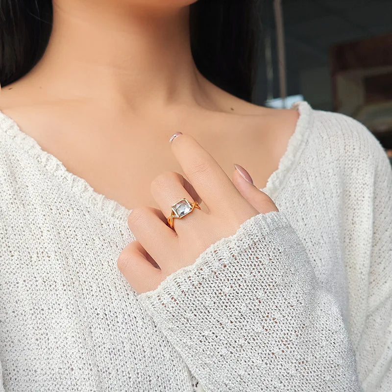 Emotional Factory 925 Sterling Silver 14K Gold Plated Gemstone Natural Topaz Geometric Square Ring