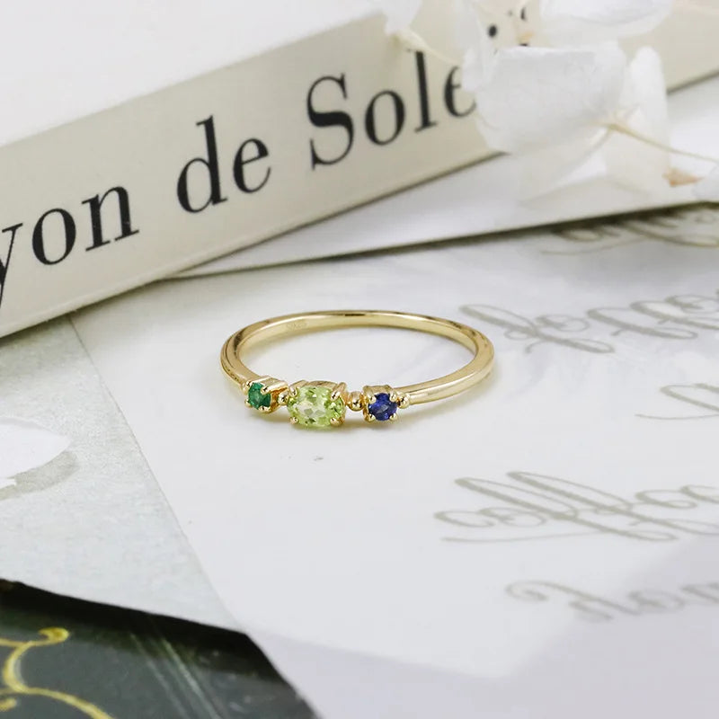Emotional Factory 925 Sterling Silver 14K Gold Plated Gemstone Blue Green Nano-Stone Geometric Peridot 3 Stone Ring