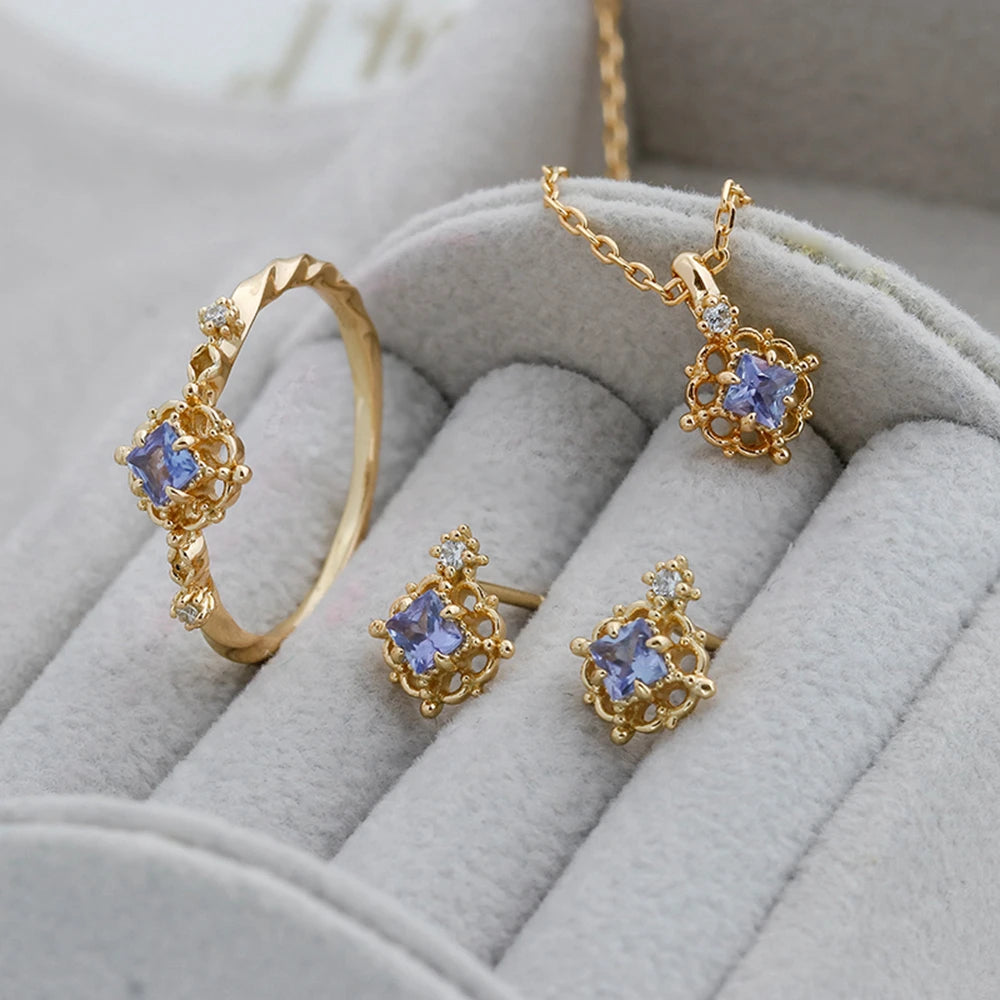 925 Sterling Silver 14K Gold Plated Gemstone Retro Hollow Flower Earring Geometric Square Stone Tanzanite Earrings