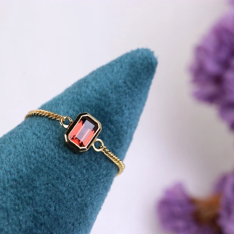 925 Sterling Silver 14K Gold Plated Gemstone Gem Natural Garnet Jewelry Chain Ring