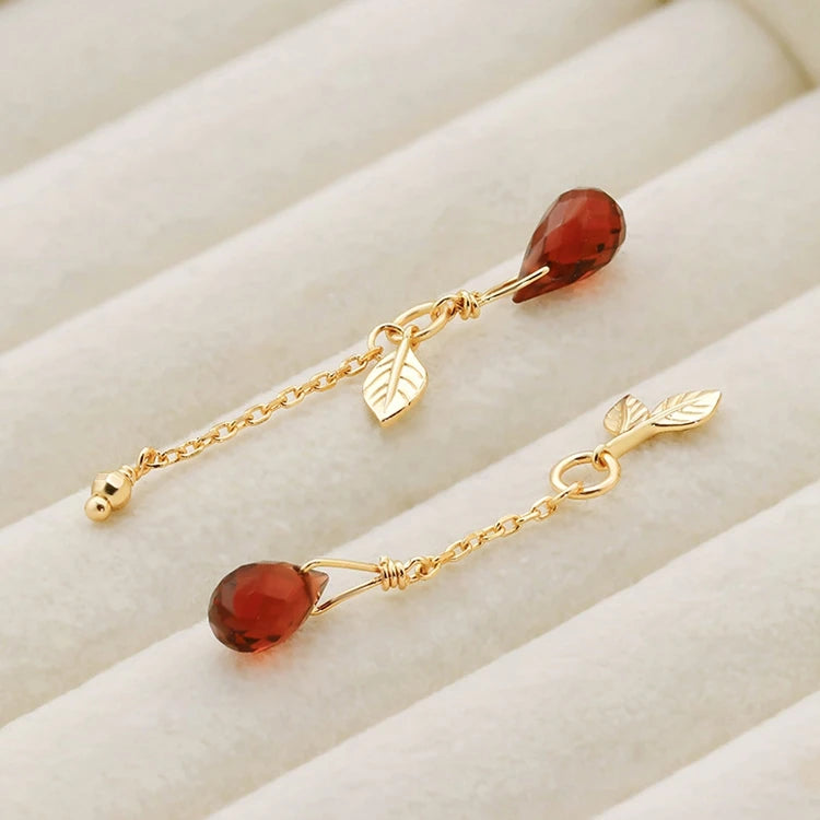 Emotional Factory 925 Sterling Silver 14K Gold Plated Gemstone Leaf Drops Seeds Red Garnet Earrings