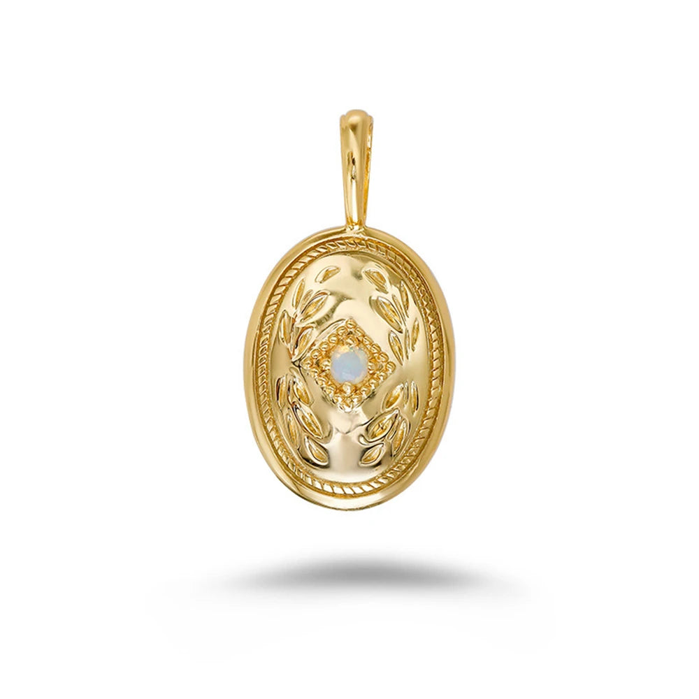 925 Sterling Silver 14K Gold Plated Gem Stone Gemstone Geometric Egg Shape Opal Oval Badge Sculpted Leaf Pendant