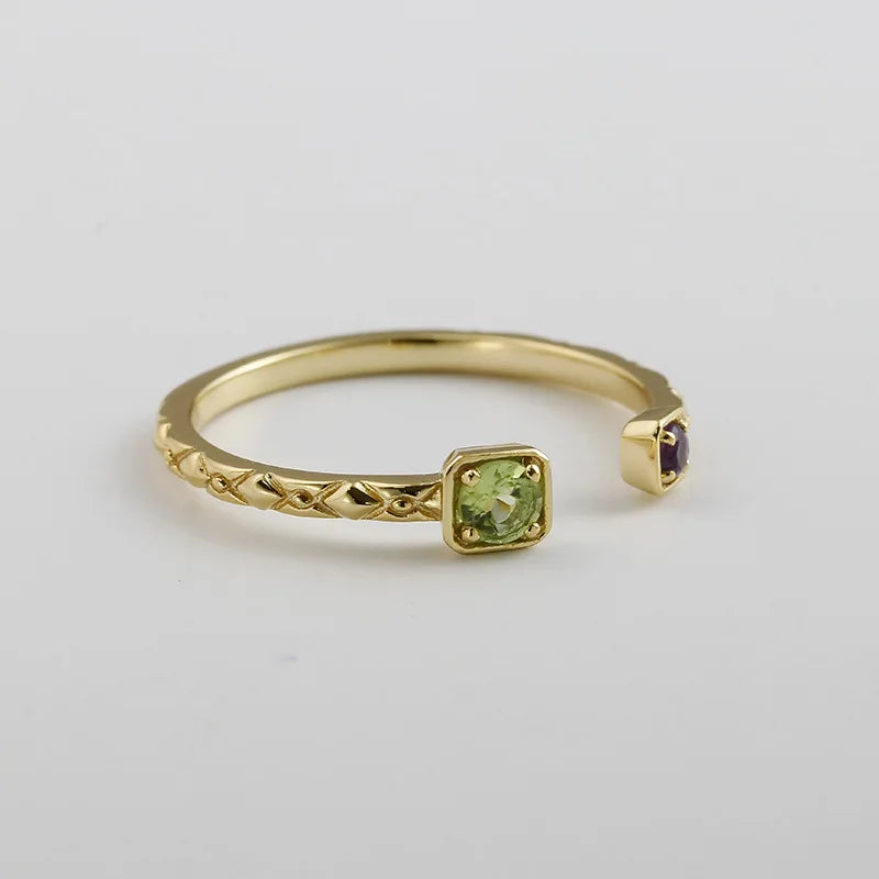 Emotional Factory 925 Sterling Silver 14K Gold Plated Gemstone Amethyst Peridot Adjustable Ring