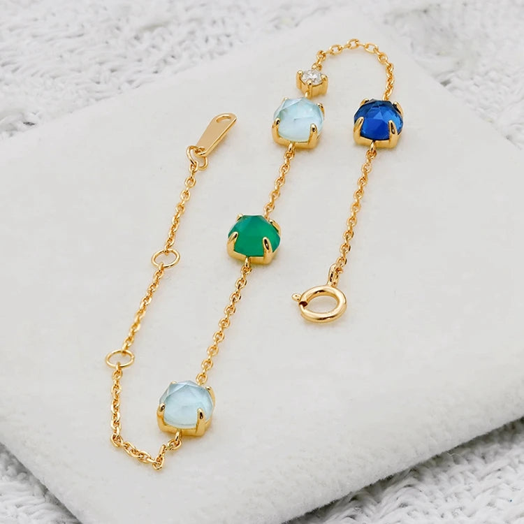 Emotional Frauen Schmuck Factory 925 Sterling Silver 14K Gold Plated Gemstone Blue Glass White Shell Chrysoprase Bracelet