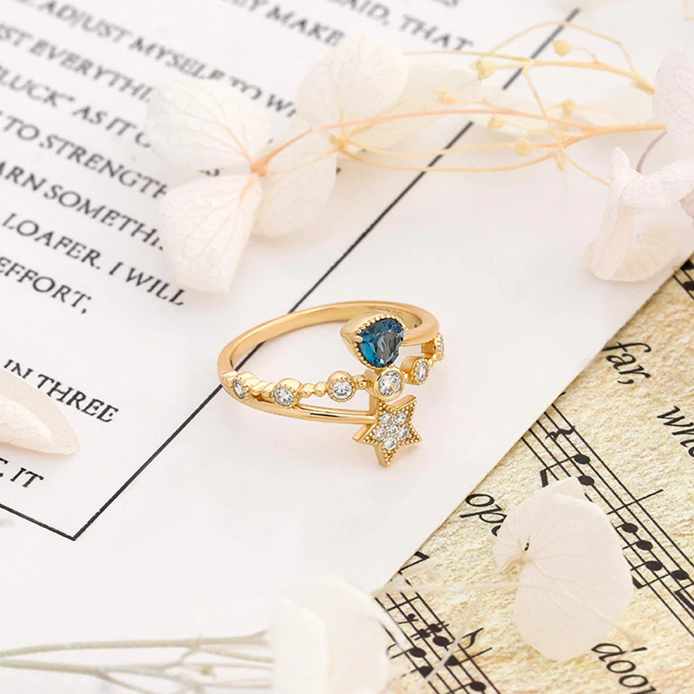 Emotional Factory 925 Sterling Silver 14K Gold Plated Gem Stone Gemstone Star Heart Cz Zircon London Blue Topaz Ring