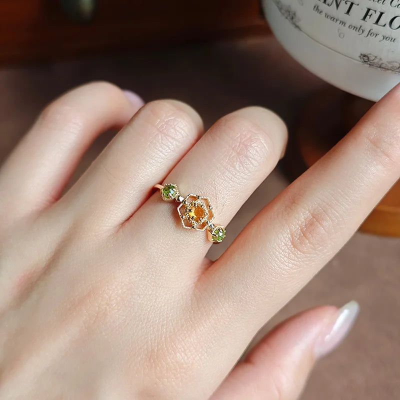 Emotional Factory 925 Sterling Silver 14K Gold Plated Gemstone Lace Hollow Geometric Citrine Peridot Ring