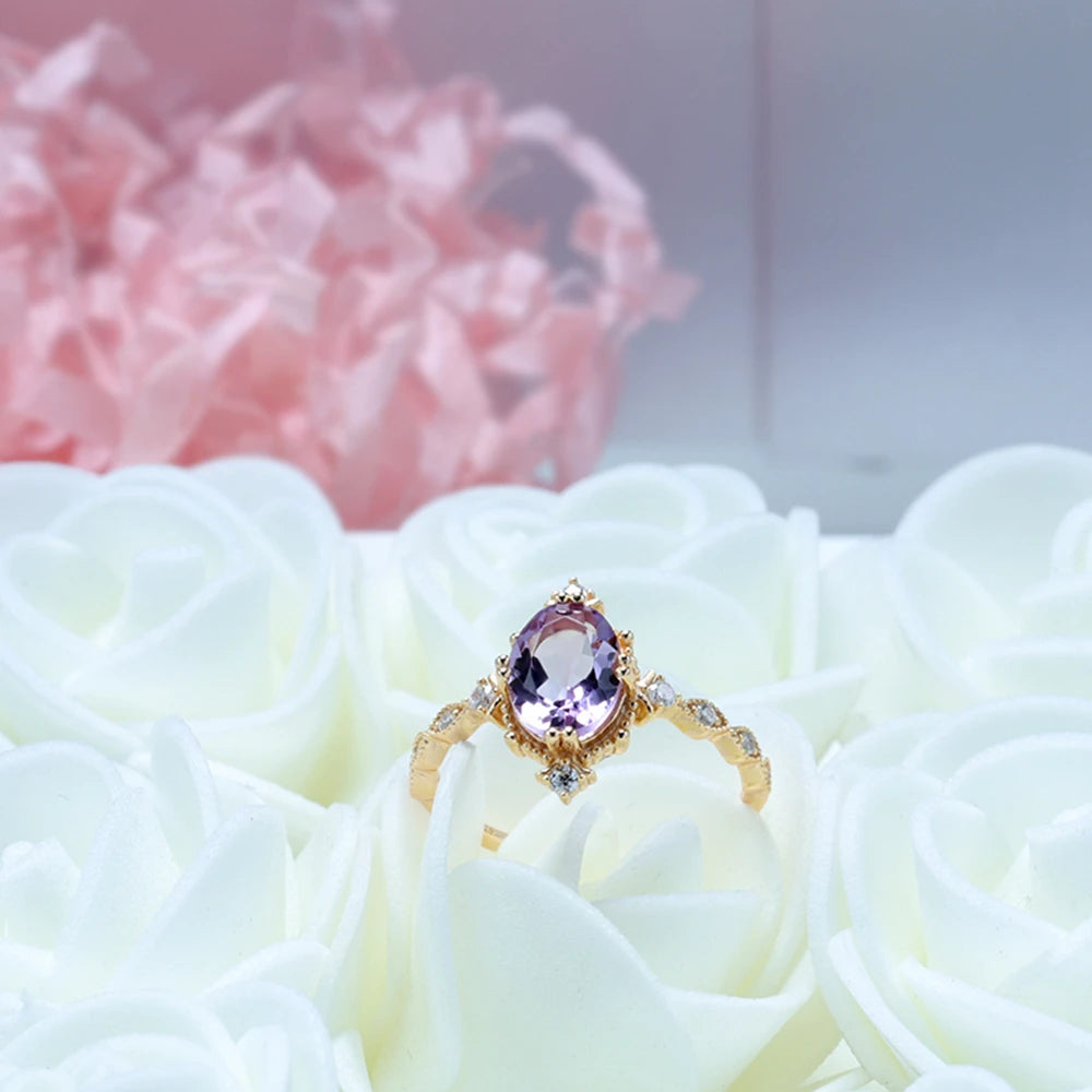 Joyeria En Tendencia Cuarzos Natural Joyeria 925 Sterling Silver 14K Gold Plated Gemstone Amethyst Micro Inlay Big Stone Ring
