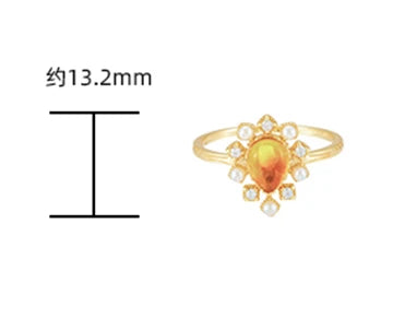 Emotional Factory 925 Sterling Silver 14K Gold Plated Gemstones Pearl Zircon Flowers Amber Ring