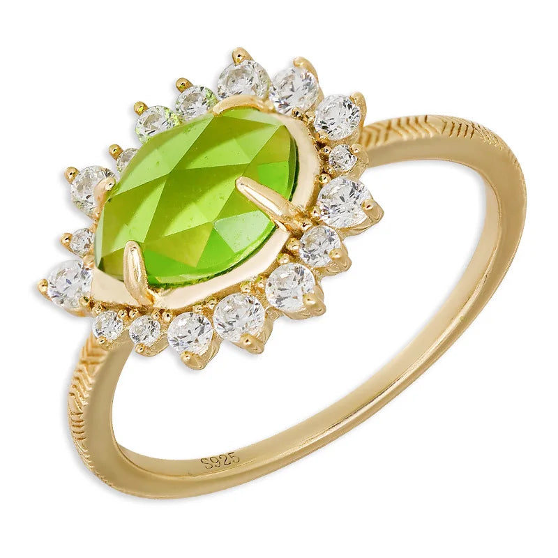Emotional Factory 925 Sterling Silver 14K Gold Plated Gemstone Cz Zircon Peridot Glass Necklace Green Quartz Ring