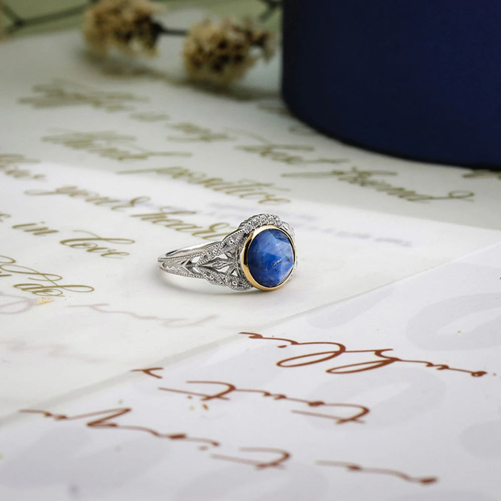 Emotional Factory 925 Sterling Silver 14K Gold Plated Gem Stone Gemstone Cz Zircon Literary Retro Kyanite Ring