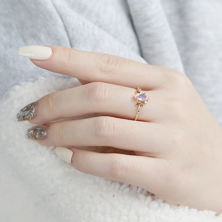 Anillos De Plata Anel De Ouro Puro 925 Sterling Silver 14K Gold Plated Gemstone Zircon Water Drop Opal Moon Ring