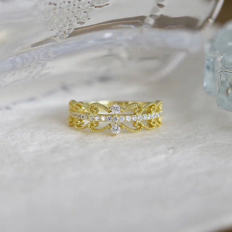 Emotional Factory 925 Sterling Silver 14K Gold Plated Cz Zircon Lace Hollow Ring