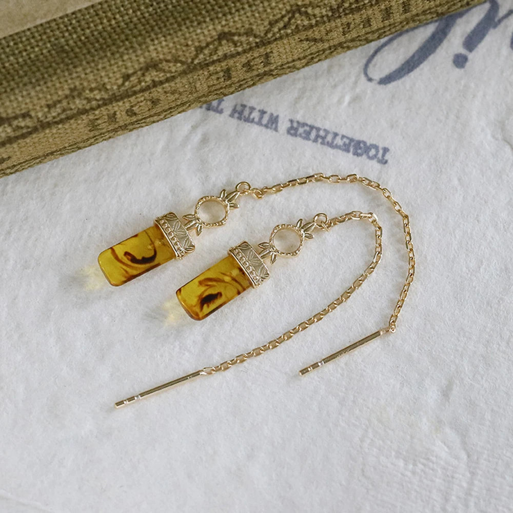 Emotional Factory 925 Sterling Silver 14K Gold Plated Gemstone Swinging Earwire Square Sculpture Leaf Amber Earrings