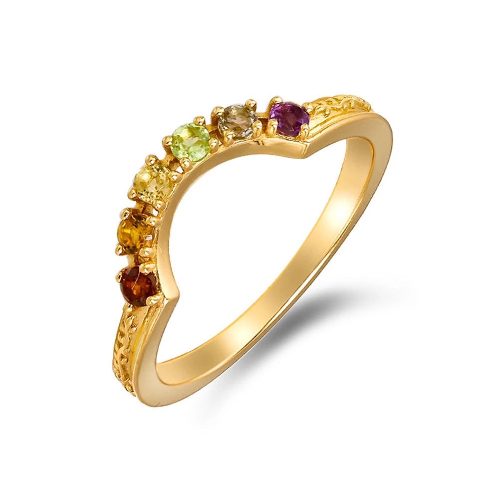 925 Sterling Silver 14K Gold Plated Gemstone Rainbow Bridge Colour Rhodolite Garnet Citrine Peridot Sky Blue Topaz Amethyst Ring