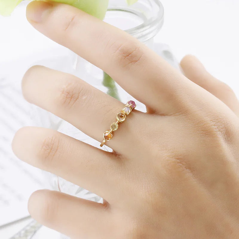 Bague Argent 925 Sterling Silver Gold Plated Gemstone Colorful Natural Crystals Peridot Corundum Labradorite Citrine Garnet Ring